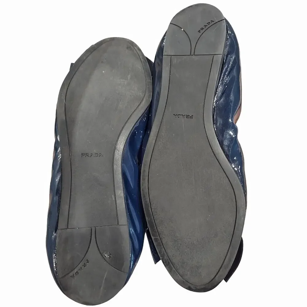PRADA Navy Ballet Flats US Size 8.5 Patent Leather EU Size 35.5 Preppy Bows